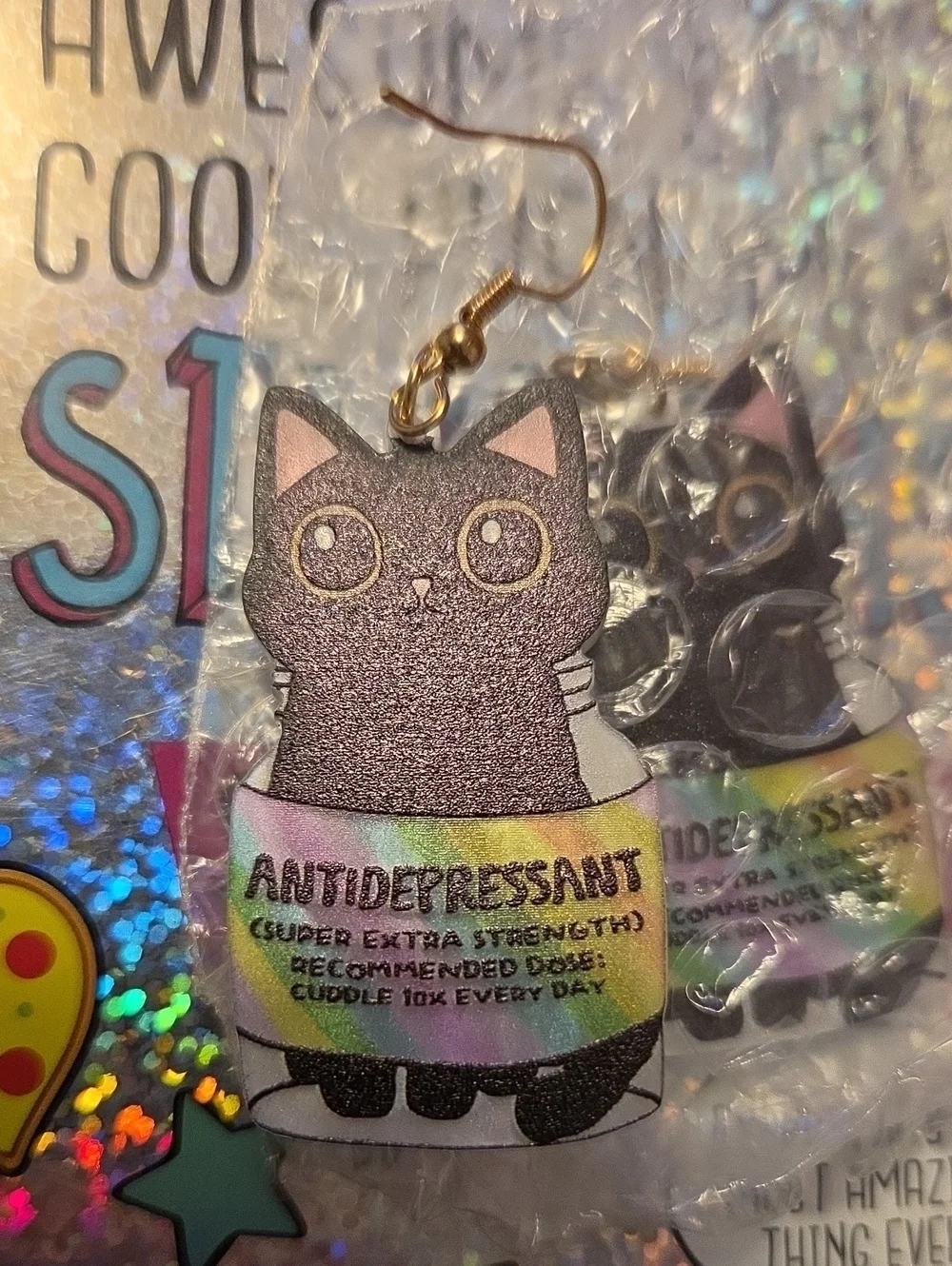 Black Cat Novelty Earrings with Rainbow Label - Pets Cat Accessory